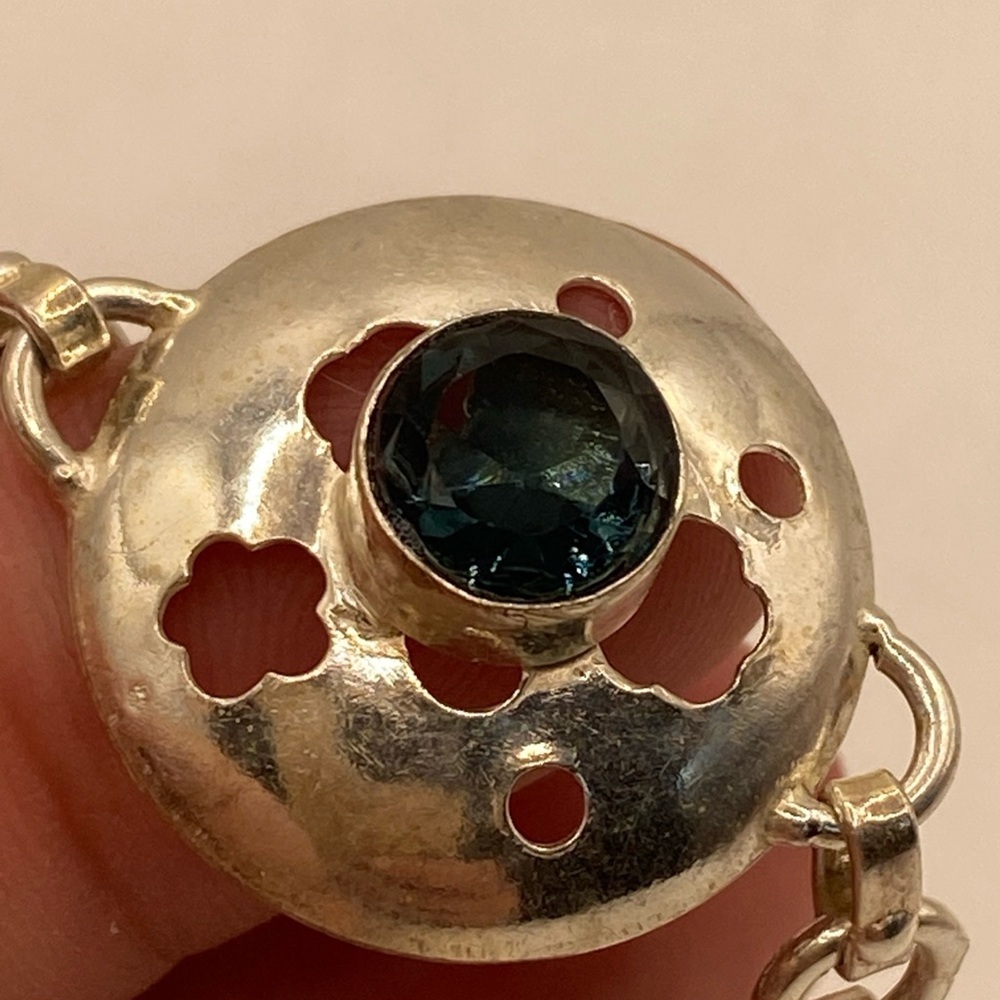Vintage Disc Bracelet with Blue Rhinestone Stones 925 Sterling Silver - Picture 7 of 9
